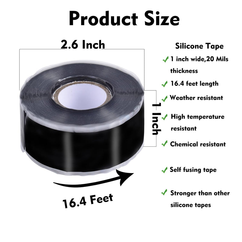 [Australia - AusPower] - Self Fusing Silicone Tape 1 in x 16.4' Black Waterproof Rubber Leak Proof Sealing Tape Silicone Rubber Self-amalgamating Tape for Emergency Hot and Cold Water Pipe Repairs and Tool Fixation 0.5mm Thickness 