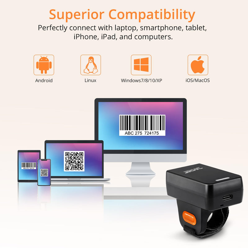 [Australia - AusPower] - Finger Scanner Barcode Scanner 2D Bluetooth Ring QR Barcode Reader 2.4Ghz Wireless Portable Mini Wearable with 3 Mode Connection Bar Code Scanners for iOS Android Win Mac Warehouse Store 