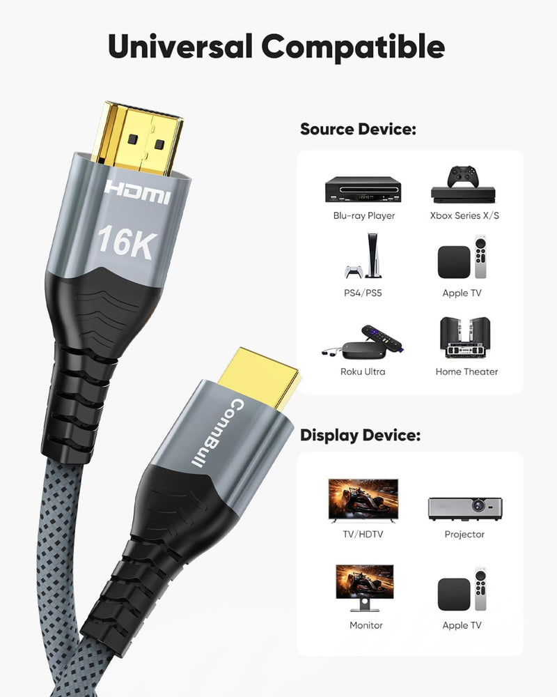 16K HDMI 2.2 Cable 96Gbps 16.4FT/5M, Ultra High Speed HDMI Braided Cord Support 4K@480Hz 8K@240Hz, HDCP 2.2&2.3, Dynamic HDR, eARC,DTS:X, Compatible with Roku TV/HDTV/PS5/Blu-ray 15FT