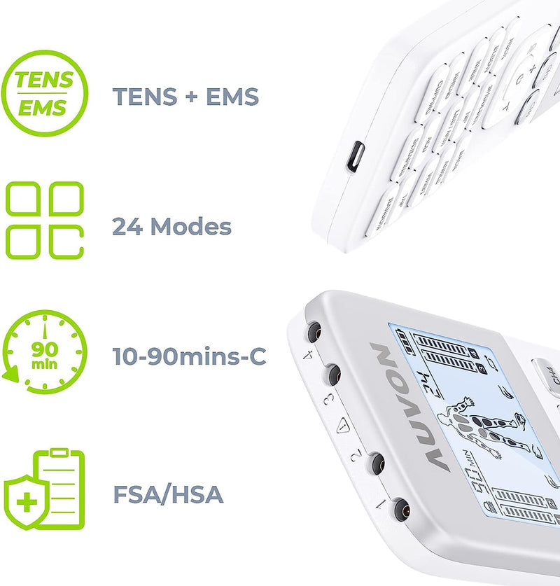 AUVON 4 Outputs 24 Modes Rechargeable TENS Unit EMS Muscle Stimulator, Handheld Electrotherapy Device for Pain Relief, TENS Machine with Long Lasting Battery Life, 8 Electrode Pads