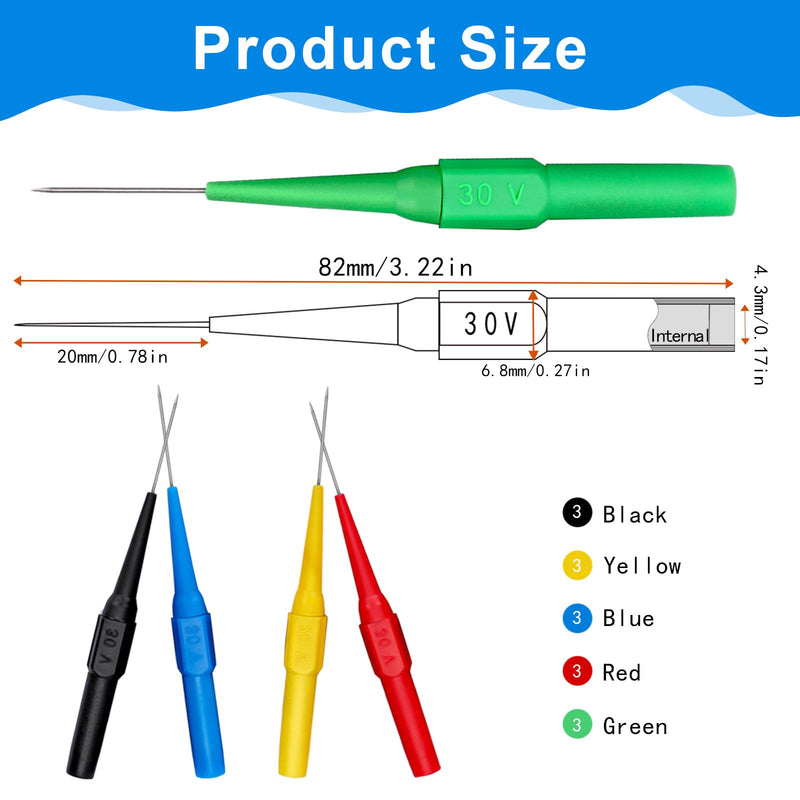 [Australia - AusPower] - 15Pcs Probes Pin Insulation Wire Piercing Needle Test Back Probe Kit Super Tip Multimeter Probe 0.7mm No-Destructive Test Probes for Car Tester Banana Socket Tester 