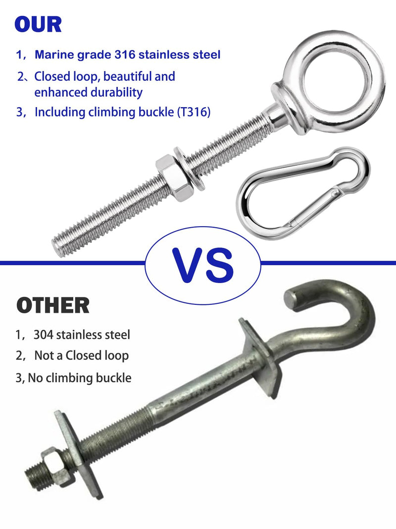 [Australia - AusPower] - 5 Pack M6 Eye Bolt, Eye Bolts with Nuts & Washers & Carabiners, 316 Stainless Steel Eye Bolt Heavy Duty, Marine Grade Threaded Eyebolts. 