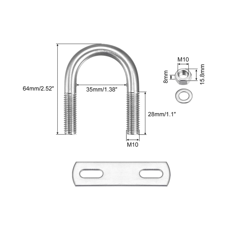 [Australia - AusPower] - uxcell Round U-Bolts, 2 Sets 35mm(1.38") Inner Width 64mm Length M10 304 Stainless Steel U Clamp Bolt with Nuts Washers and Plates, for Boat Trailer M10x35mmx64mm 