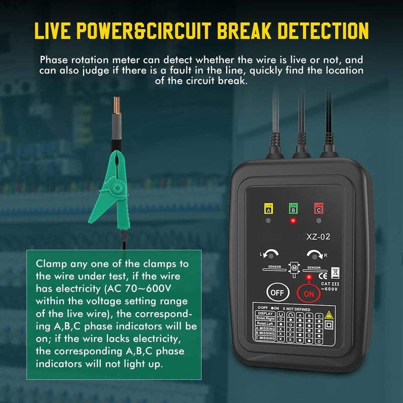 [Australia - AusPower] - Phase Rotation Meter Non-contact 3 Phase Rotation Meter AC 70~600V Phase Sequence Rotation Tester High Magnetic Induction Rotation Meter Auto Power Off Phase Meter with LED, 20-inch Clamp Lead,Handbag XZ-02 