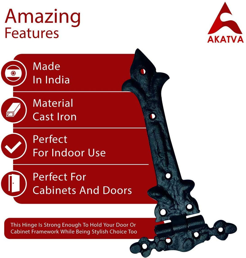 Akatva T Hinge Set - 2 Pieces Gate Hinges for Wooden Fences Heavy Duty - Barn Hinges for Doors - Black Hinges – Hinges for Shed Door - Door Hinges Black Matte - Hinges Outdoor - Fence Strap Hinge Set 2 Pieces Set