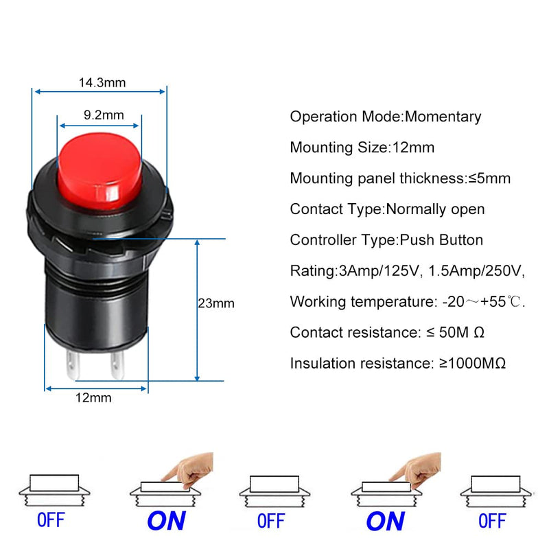 [Australia - AusPower] - 24pcs 12mm Momentary Push Button SPST ON/Off AC 250V/1.5A 125V/3A, Lockless Mini Round Button for Car Trumpet, PC, Table Lamp, Home Doorbell E317 