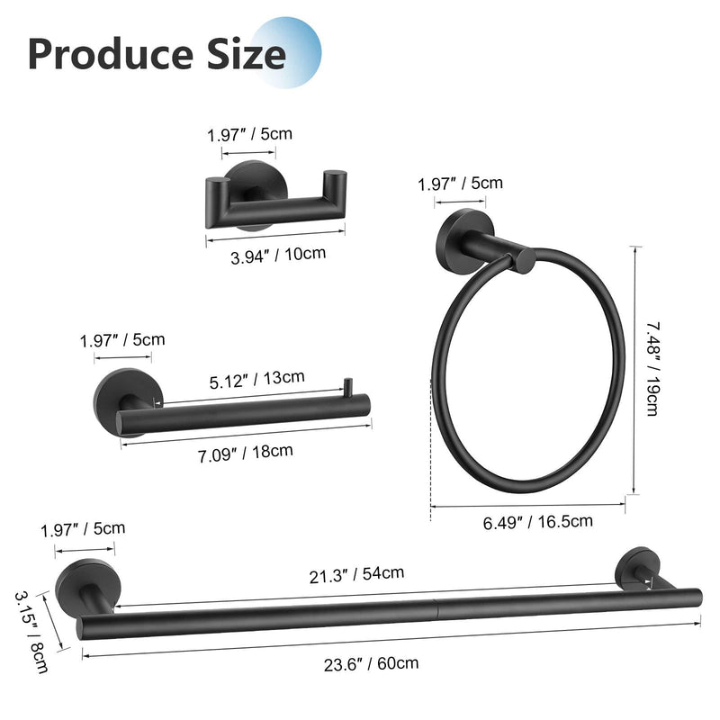 5 Pieces Towel Bar Set Matte Black Bathroom Hardware Accessories Set Stainless Steel Towel Racks Set for Bathroom,Wall Mounted 23.6 Inch Bathroom Hardware Set 5 Pieces