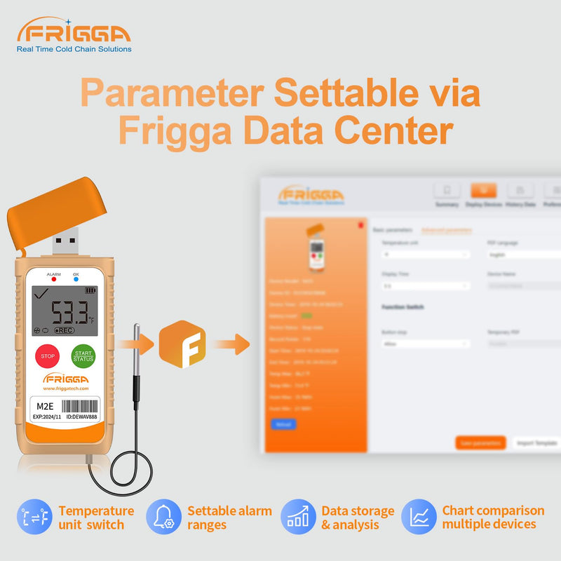 [Australia - AusPower] - Frigga M2E Reusable Temperature Data Logger with External Probe Multi-Use Digital Refrigerator Thermometer USB 14400 Points High Accuracy Temperature Recorder PDF CSV Report 1pack 