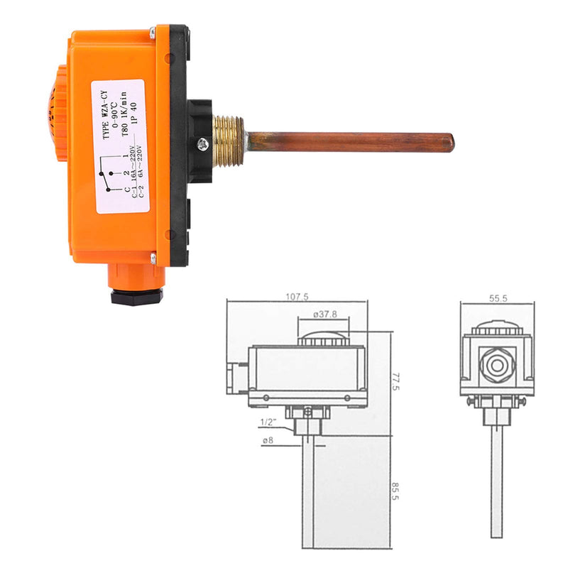 [Australia - AusPower] - Immersion Thermostat, G1/2 Male Thread Hot Water Pipe Thermostat Temperature Controller 0-90°C High Temperature Start, for Heating Systems, Invasive Measurement for Exact Values, Monitoring Heating 