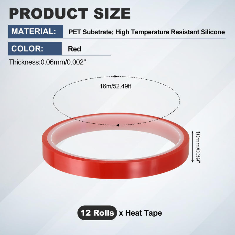 uxcell 12 Rolls Heat Tape, 10mm x 16m(52FT) No Residue High-Temperature Resistant Tape Heat Transfer Tape for Sublimation Electronics 3D Printing Soldering, Red 10mm x 16m(52FT)