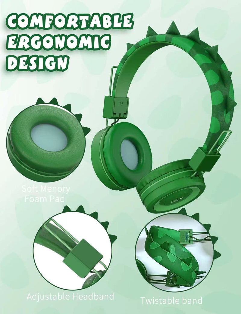 [Australia - AusPower] - SIMJAR Dinosaur Kids Headphones with Microphone for School, Volume Limiter 85/94dB, Over-Ear Girls Boys Headphones for Kids with Foldable Wired Headphones for iPad/Travel/Tablet Green 