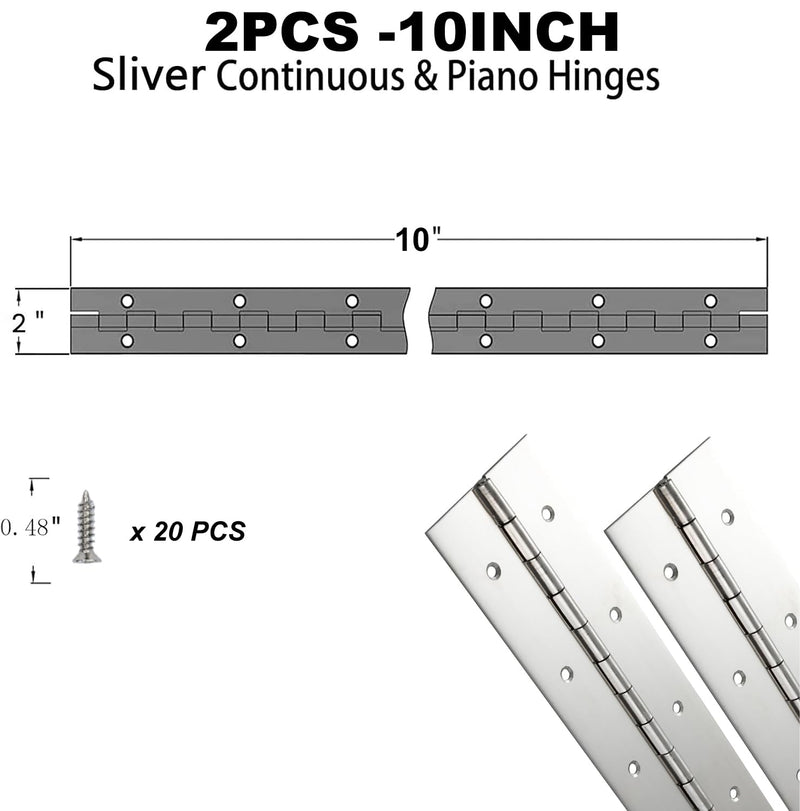 [Australia - AusPower] - 2Pack Silver Continuous & Piano Hinges 10 Inch x2 OpenWidth Heavy Duty With Hole Polished Stainless Furniture for Boats Cabinets Storage Box Door Cases With 20 Screws 