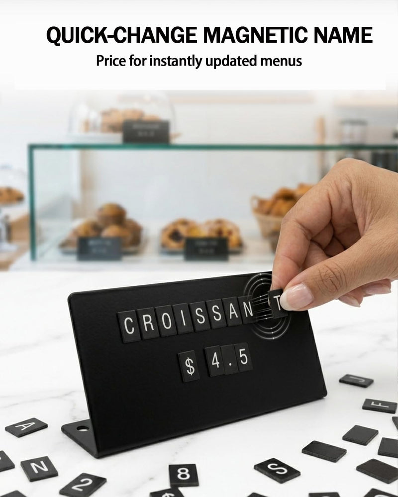 Mini Magnetic Letter Display Signs, Chalkboard-Style Reusable Food Price Labels, Durable Metal Kit with 6 Boards, 450 Magnetic Characters for Bakery, Café, Dessert Shop, Deli & Catering Use Black Board 12 Board + 4 Letter Sheet