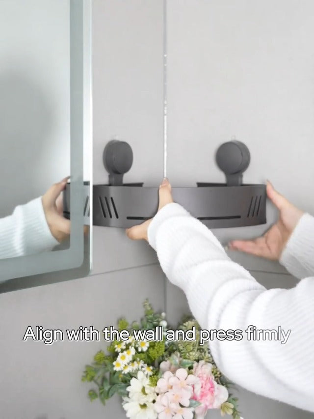 Gray PHX Grove triangular corner shower caddies with suction cups and hooks for bathroom organization.