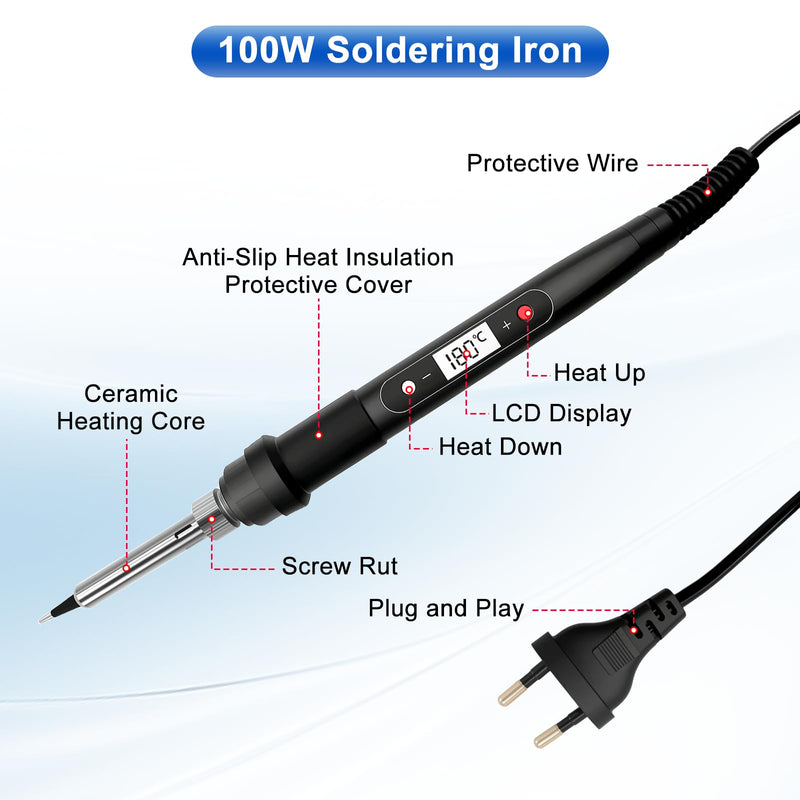 Soldering Kit 100W 16 in 1 Soldering Kit Contains 50g Solder Wire 5 Soldering Tips Desoldering Pump Soldering Stand Pliers Suitable for Electrical Installation and Repairs of Electronic Equipment