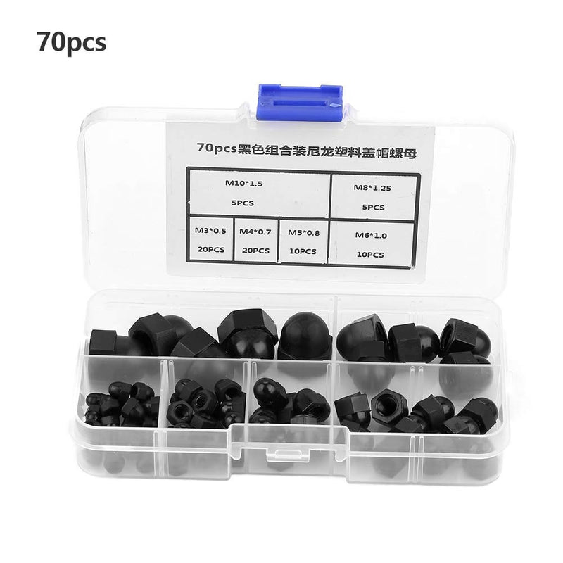 [Australia - AusPower] - 70Pcs M3/M4/M5/M6/M8/M10, Black Acorn Nuts Standard 8-32 Hardware Nuts Nylon Acorn Nut Kit Dome Head Cap Hex Nuts (Black) 