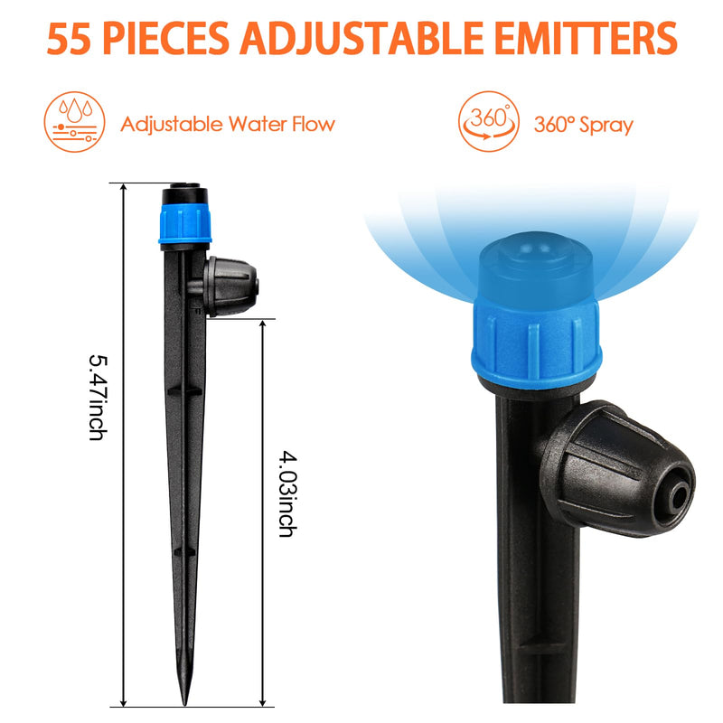 [Australia - AusPower] - 55 Pieces Drip Emitters Fan Shape with Stake for 1/4" Irrigation Tubing: Adjustable 360 Degree Water Flow Irrigation Universal Vortex Sprayer On 5" Stake Drip Pipe Sprinklers Fittings Blue 360 Degree Vortex Emitter-55 Pcs 