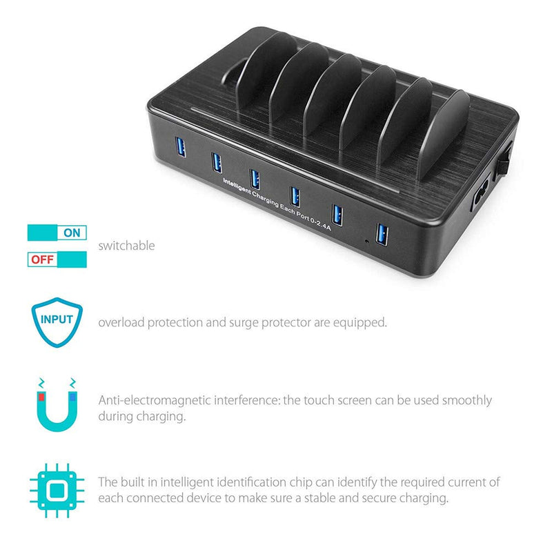 [Australia - AusPower] - Fast Charging Station for Multiple Devices,50W 6 USB Ports Family Charger Compatible with Apple iPhone iPad and Android Phone and Tablet 6-USB-port&Black 