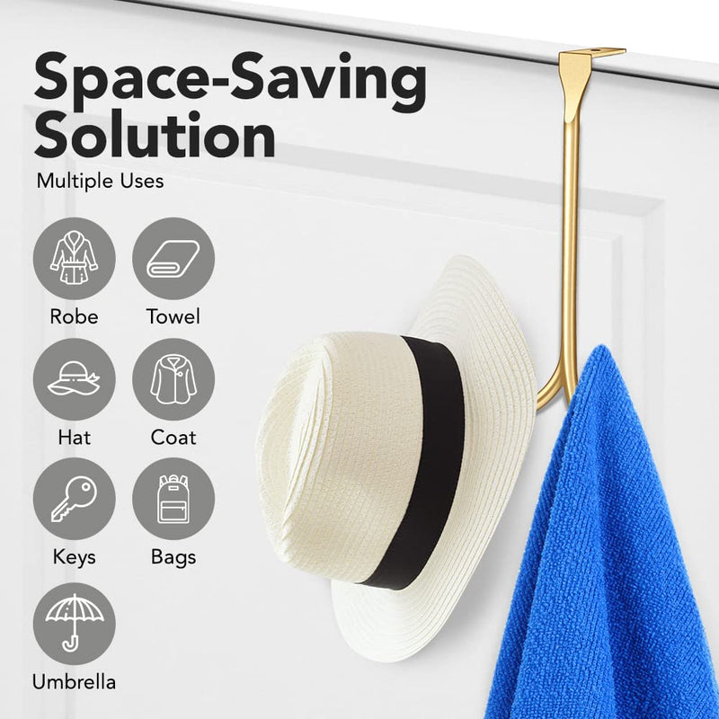 [Australia - AusPower] - 2-Pack Over The Door Hooks - with 2 Hang Heads & Snug Fit Pads Heavy Duty Hook for Hanging Coats, Towels, Caps & Robes - Elegant Matt Finish - No Drill Hanger Organizer - Gold 