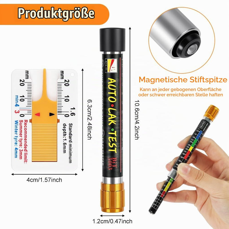 Magnetic Paint Thickness Gauge, Paint Thickness Gauge for Motor Vehicles, with a Tread Depth Gauge, Waterproof and Portable, Body Damage Detector, with Magnetic Probe Scale