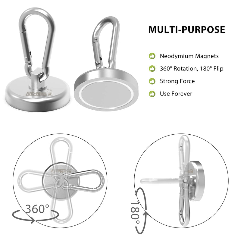 [Australia - AusPower] - Ant Mag Heavy Duty Neodymium Magnet Hooks with Swiveling Carabiner - 140LBS Pull Force, Indoor/Outdoor Hanging, Kitchen, Garage, Cruise Ship (2 Pack) Small Package 2PCS Silver 