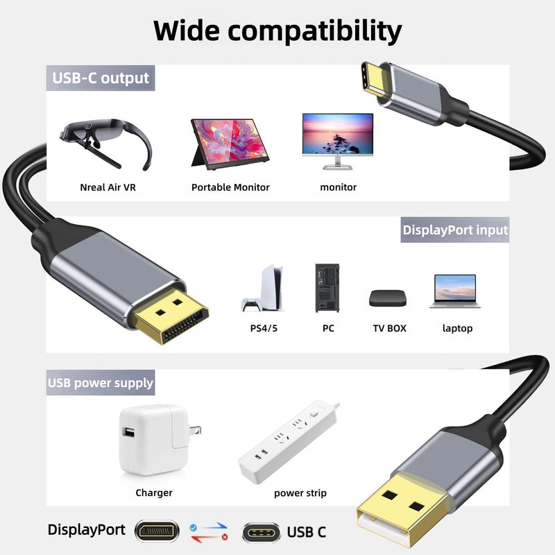 DisplayPort to USB C Cable 6FT 4K@60Hz with USB Cable Adapter,DP Male to Type-C Male Converter Support Touch with Nre a-l Air VR, MacB00k Pro/Air 2020/2018,XPS, Pad Pro/Air grey