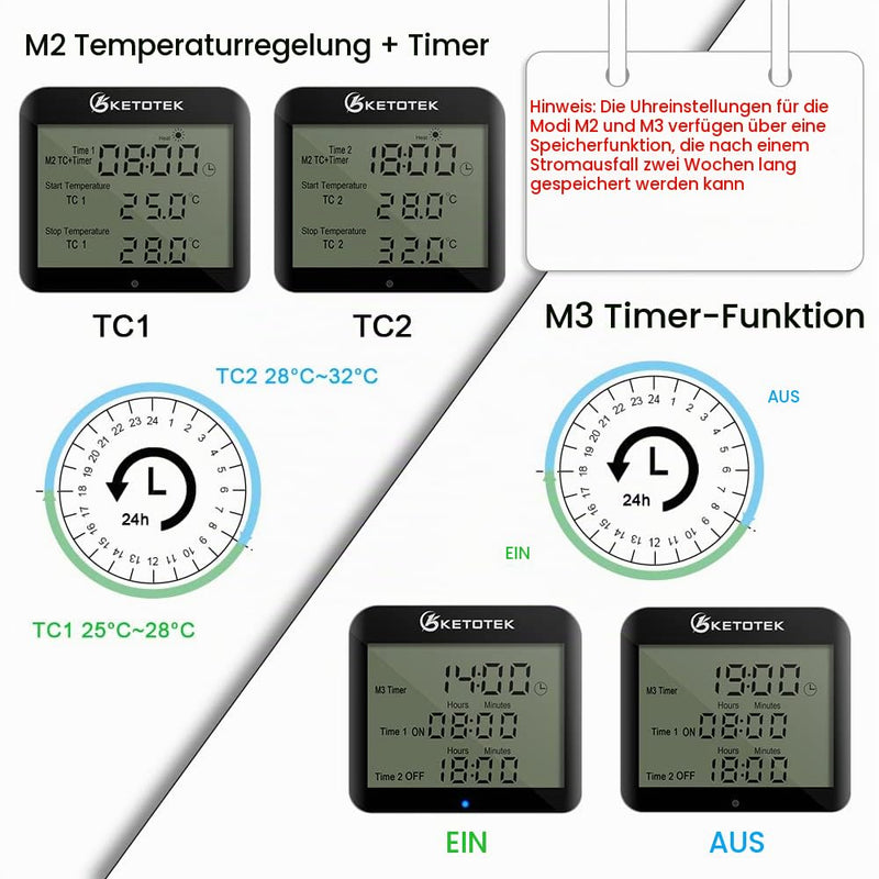 KETOTEK Digital Thermostat Socket Day Night Temperature Controller Sockets | 100-250V Heating Cooling Temperature Switch with Sensor Timer Regulator for Greenhouse Reptiles Fridge KT3200Pro