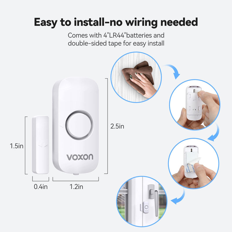 [Australia - AusPower] - Door Window Alarm for Kids Safety VOXON Wireless Door Alarm for Home Security Personal Security Window Alarms Sensor Burglar Door Alarm for Home, Cars, Sheds, Caravans DIY Kit Pack of 4 4PCS 