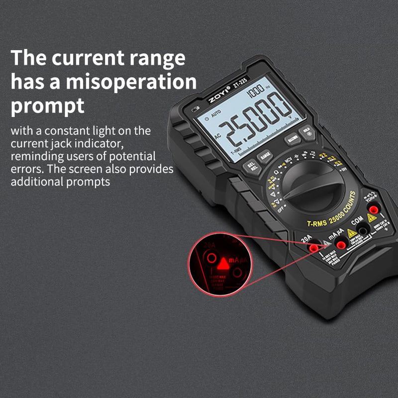 [Australia - AusPower] - ZOYI ZT-225 Digital Multimeter True RMS 25000 Counts Auto-Ranging Anti-Burn Measures Voltage Resistance Capacitance Temperature for Electricians Hobbyists Students Home Use 