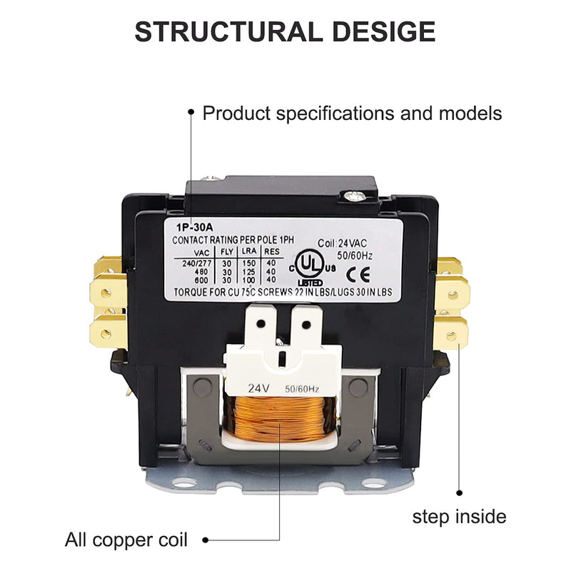 Tnisesm Heavy Duty 1 Poles 30 Amp 24V AC Compressor Contactor Air Conditioner Condenser AC Definite Purpose Contactor 1P-30A-24V 30A-24V 1 pole