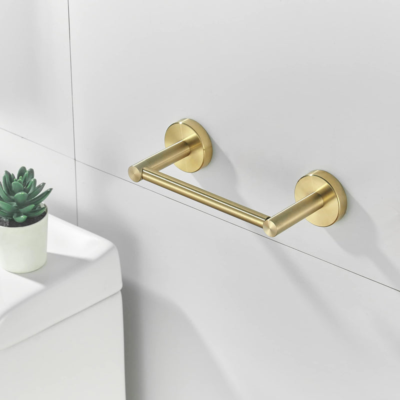 BATHSIR Brushed Gold Toilet Paper Holder & Hand Towel Holder Wall Mount 2 Pieces, Double Post Pivoting Round Modern Bathroom Hardware Towel Ring Toilet Tissue Holder, Bathroom Accessories Set Gold 1