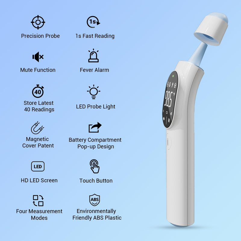 [Australia - AusPower] - Digital Thermometer of Forehead and Ear - Fever Alarm, 1 Second Reading, Magnetic Cover, LED Probe Light, 40 Readings Memory, HD LED Screen, Medical Thermometer for Babies Kids and Adults 