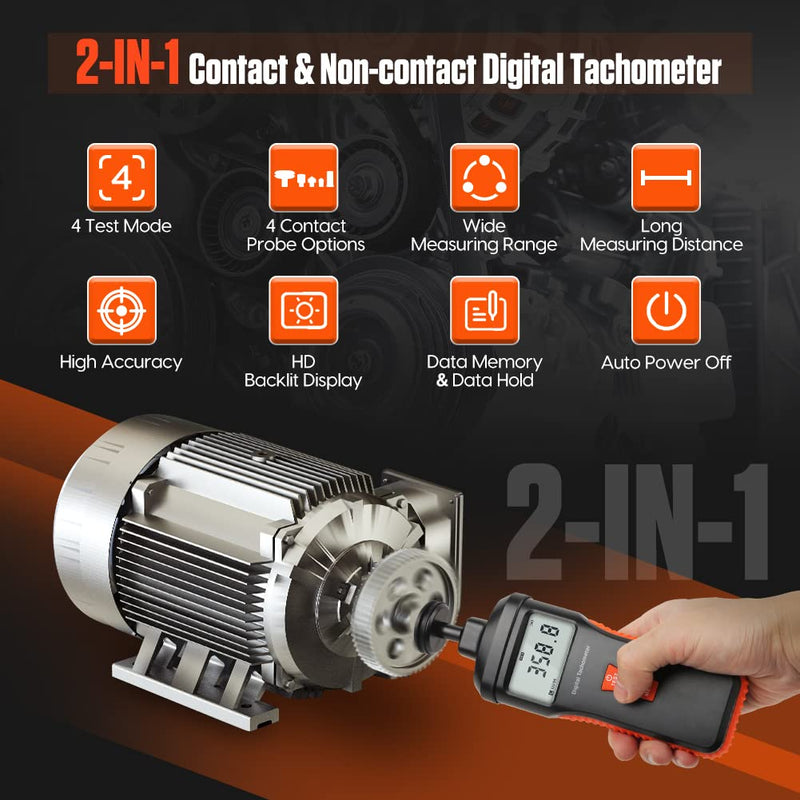 [Australia - AusPower] - Tachometer Contact & Non-contact Digital Tachometer 4 Test Mode Laser Photo Tachometer 1.0?99999RPM High Accuracy RPM Tachometer with 4 Contact Probes, Backlit Display, Data Memory/Hold,Auto Power Off 