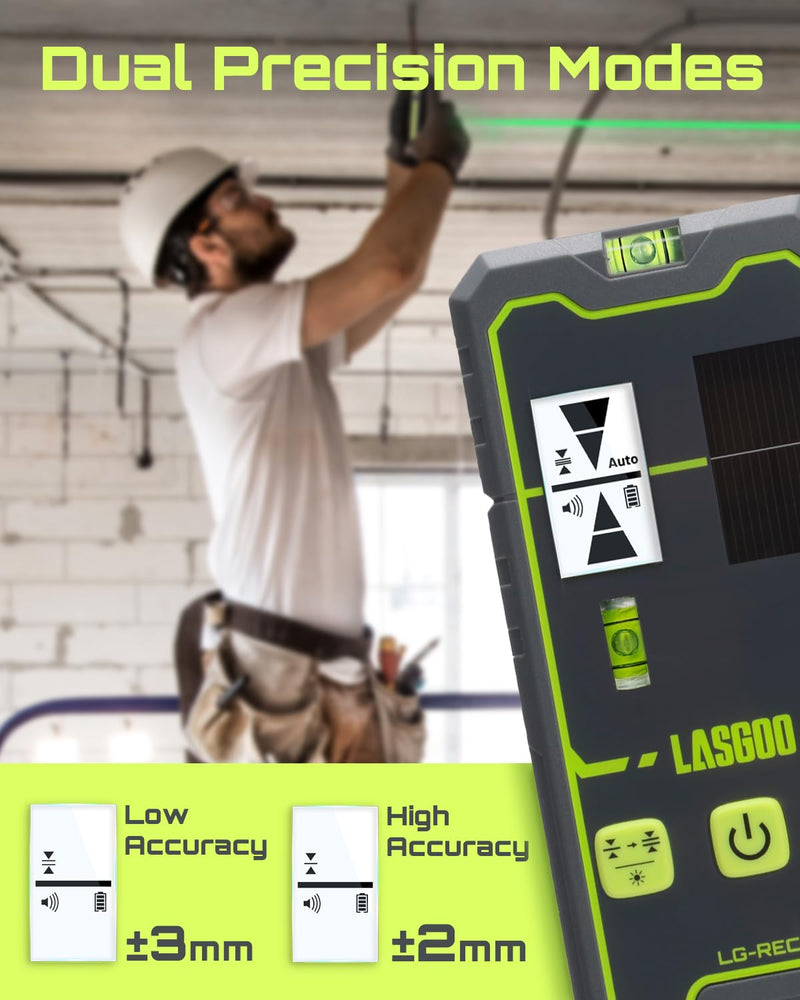 [Australia - AusPower] - LasGoo LG-REC01 Laser Receiver for Laser Level, Dual LCD Display & Bubble Level, Green & Red Laser Beam Detector for Pulsing Line Lasers, Up to 164ft, Built-in Rechargeable Battery, Clamp Included 