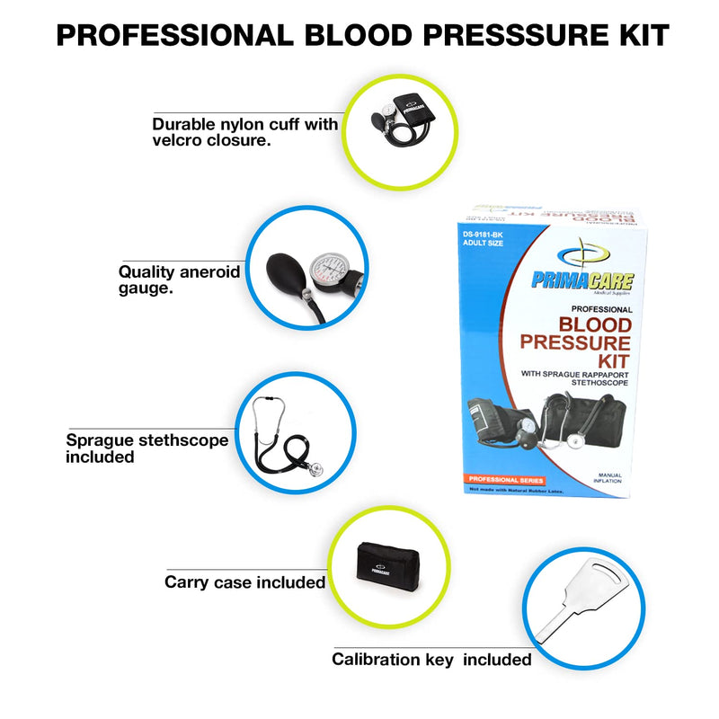 [Australia - AusPower] - Primacare DS-9181-BK Professional Aneroid Sphygmomanometer and Sprague Rappaport Stethoscope, Manual Blood Pressure Kit with Cuff and Carrying Case, Black 