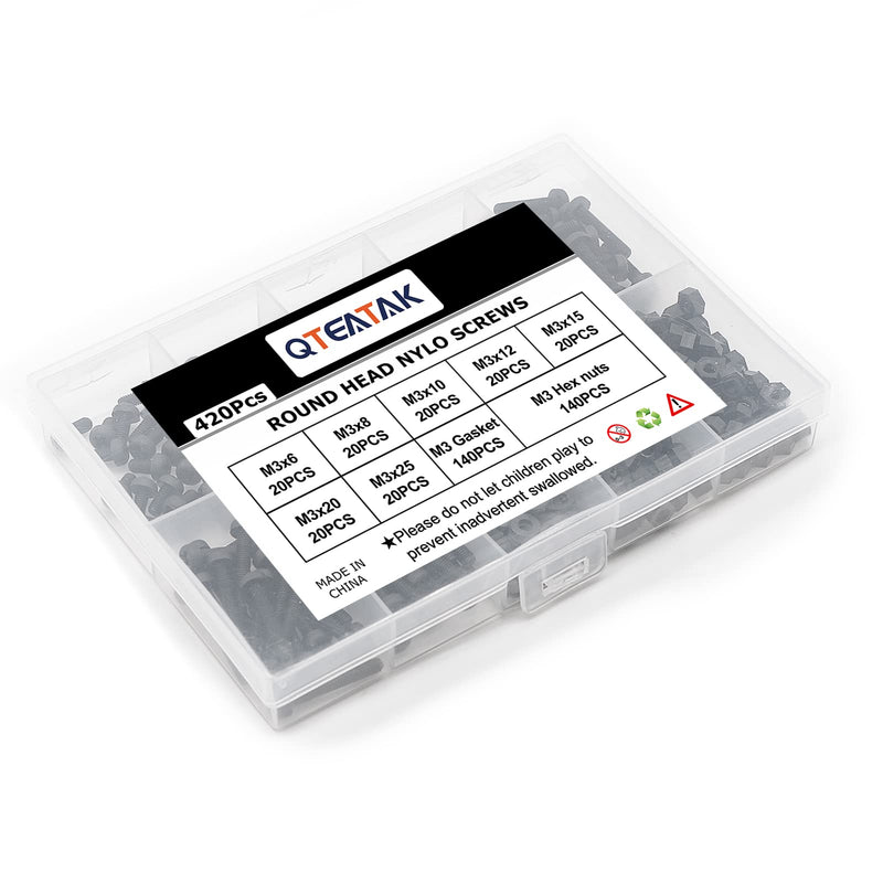 [Australia - AusPower] - QTEATAK M3 Black Nylon Plastic Pan Round Head Screws, Nut Bolts, Gasket Assortment Kit(Metric M3: 6mm 8mm 10mm 12mm 15mm 20mm 25mm) 