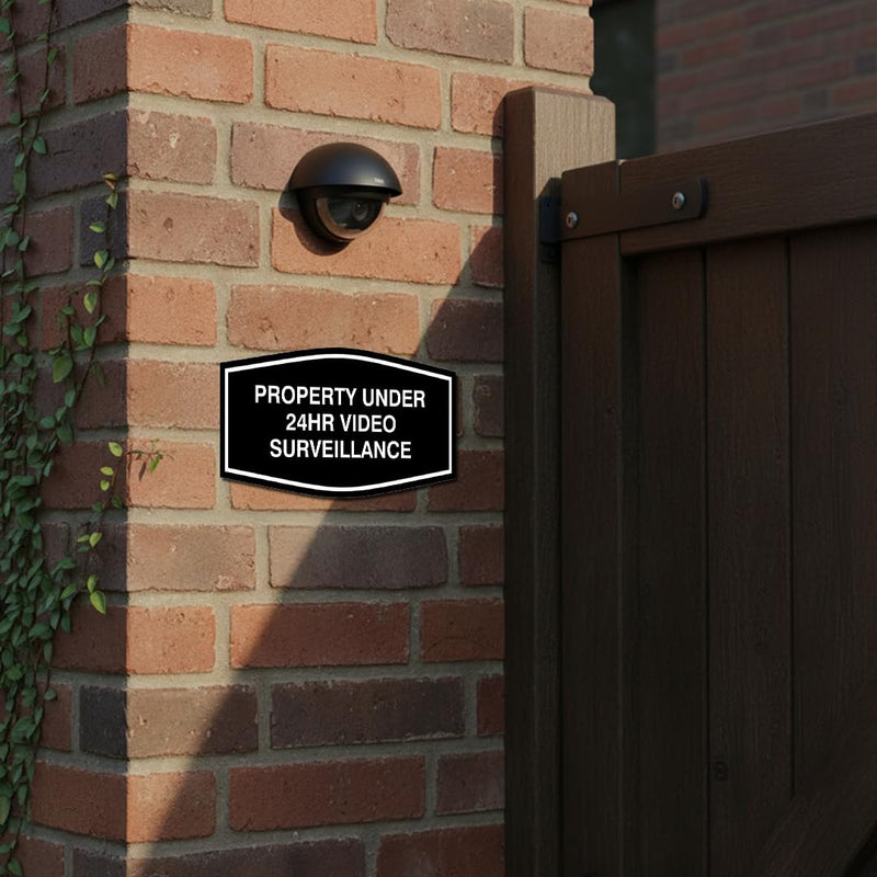 All Quality Fancy Property Under 24Hr Video Surveillance Sign | Property Security Sign with Easy Installation | 24/7 Security Monitoring (Black/Gold) - Medium 1 Pack 7 x 3.5" - Med (1 Pack) Black/Gold
