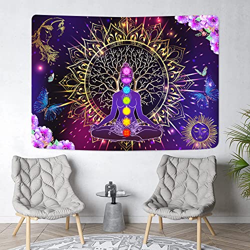 YLPHYLIS Tree of Life Chakra Meditation tapestry 71x95 Inches Spiritual Yoga Hippie Moon and Sun for Bedroom Living Room Dorm Home Tapestry YL128 95"L x 71"W