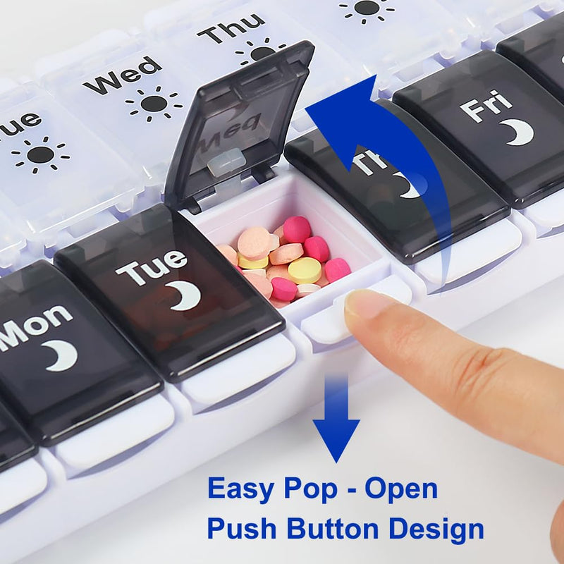 [Australia - AusPower] - HRX Package Pill Organizer 2 Times a Day, Easy Fill & Open Weekly Medicine Box Vitamin Cases for 7 Day AM PM Black and White 