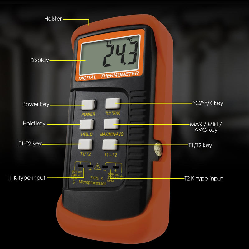 [Australia - AusPower] - Dual Channels Thermocouple Thermometer 4 Thermocouples (Wired & Stainless Steel), Handheld Desktop High Temperature Kelvin Scale Sensor Tester Temperature Range -50~1300°C (-58~2372°F) 
