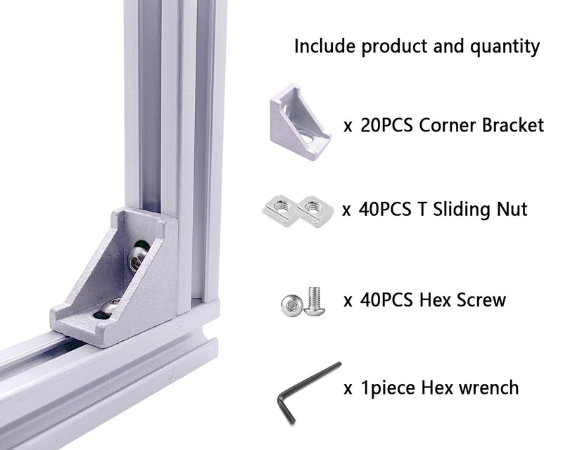 [Australia - AusPower] - 20 Set 2020 Series Aluminum Extrusion Profile Connector with 2028 Corner Bracket, 42pcs T-Slot Sliding Nuts and Hex Screw Bolt Include a Wrench, for 6mm 20S Extruded AL Profile Rail Reinforcing 90 Degree Silver 
