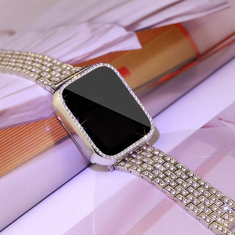 [Australia - AusPower] - Supoix Compatible with Apple Watch Band 38mm 40mm 41mm 42mm 44mm 45mm 49mm+ Case, Women Jewelry Bling Diamond Rhinestone Replacement Metal Strap& 2 Pack PC Protector Case for iWatch Ultra 2/ Ultra Series 9/8/7/6/5/4/3/2/1/SE Silver 38 mm 