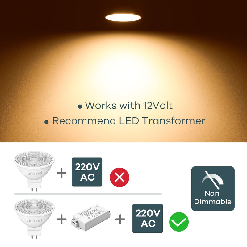Linkind 12 V GU5.3 LED 3.4 W, 35 Watt Replaced, 2700 K Warm White 36° Beam Angle LED Spot MR16, 360 Lm AC/DC 12 V LED Bulb, 25,000 Hours Life, Not Dimmable, Pack of 5 5 pieces