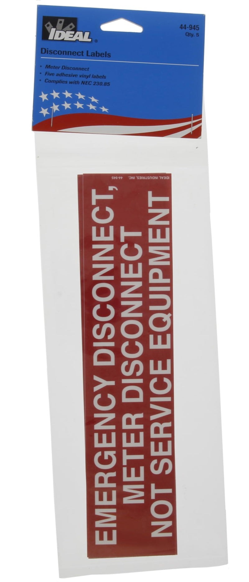 IDEAL INDUSTRIES 44-945 NEC Meter Disconnect Label, 2-1/8 in. x 9 in. Adhesive 5Pk