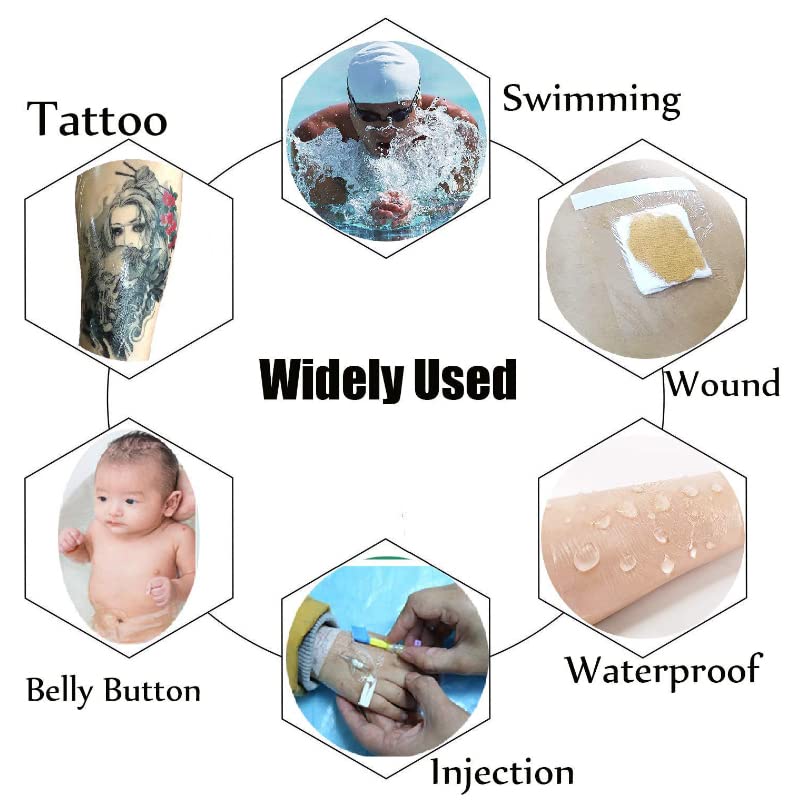 100Pcs Transparent Stretch Adhesive Bandage, BetterJonny 5 Sizes Waterproof Clear Adhesive Bandages Disposable Tattoo Bandage Stretch Bandage Tape for Swimming and Shower Assorted Sizes: 2/3/4/4.8/6 Inch (100 Pcs)