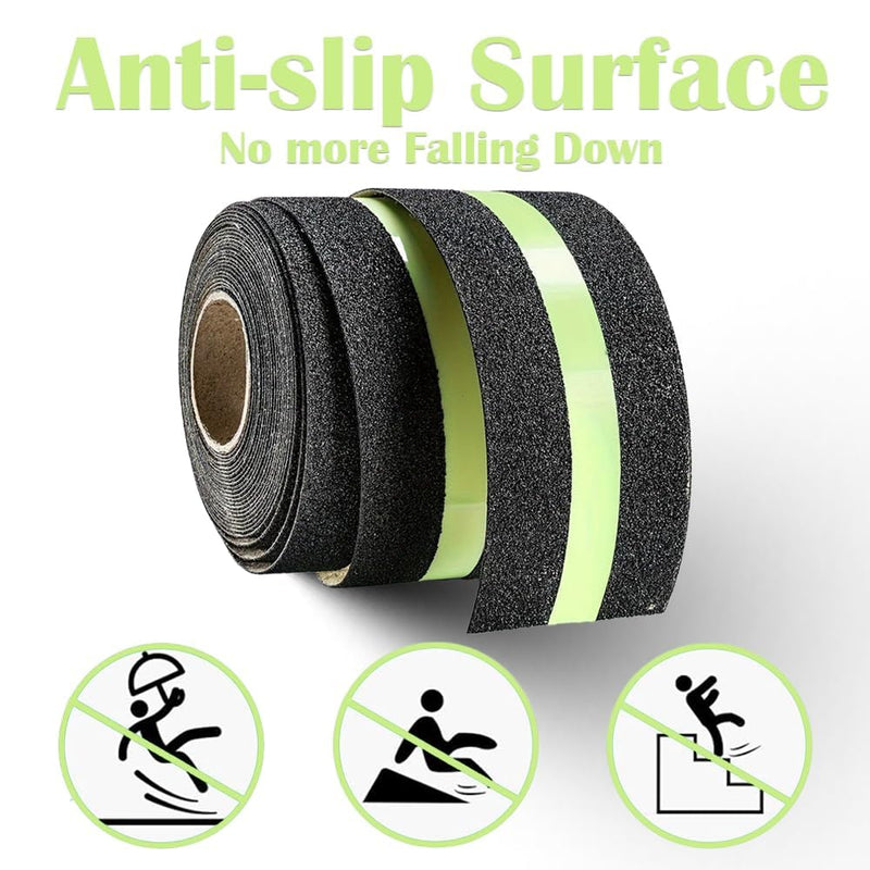 1Roll 5cmx5m Anti-Slip Traction Tape with Glow in the Dark Stripe, Waterproof Non-Skid Adhesive for Stairs, Steps, Outdoor & Indoor Use, High-Traction Safety Treads for Kids & Seniors (Black) Black
