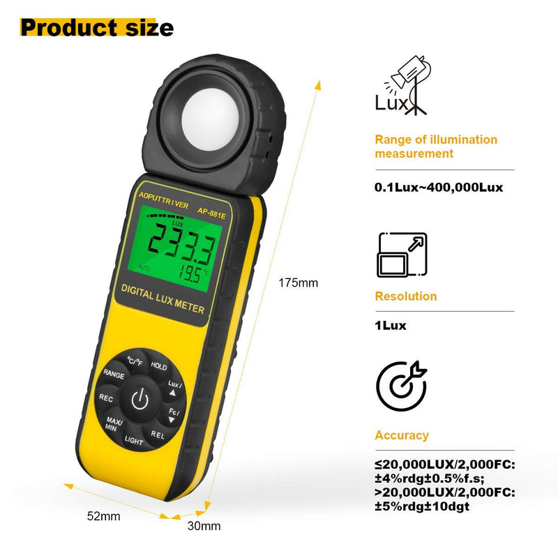 Digital Illuminance Light Meter,0.01~300,000 Measurement Range Lux Meter Foot Candles Luxmeter with 270º Rotated Sensor for Indoor Outdoor Light Meters for Plants (AP-881E) AP-881E(0.01~300,000 Lux)