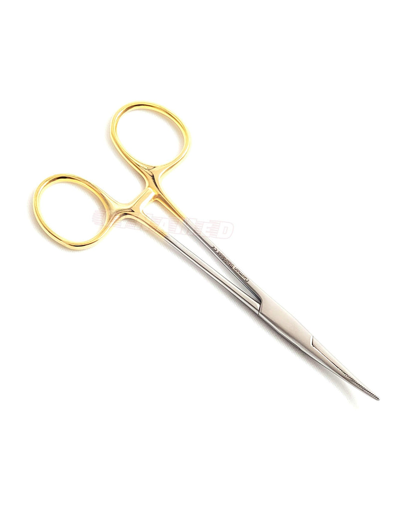 [Australia - AusPower] - Premium German Stainless- Set of 2 PCS Gold Handle Mosquito Locking HEMOSTAT Forceps Straight + Curved 5"-Cynamed 