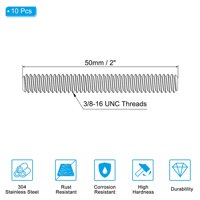 [Australia - AusPower] - PATIKIL 3/8"-16 UNC 304 Stainless Steel Fully Threaded Rod, 10Pcs 2" Length Long Threaded Screw Right Hand Threads All Threaded Rod Studs for Anchoring Bolt, Clamps, Hangers and U-Bolts 3/8"-16 x 2" 
