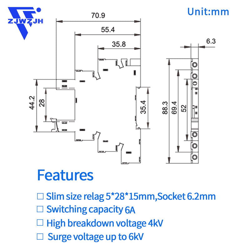 [Australia - AusPower] - 3 Pcs Miniature 5 Volt DC Relay HF41F/5-ZS 5 Pin 1NO 1NC 6A SPDT with LED Indicator, Socket Base and DIN Rail Module 5V DC 3 